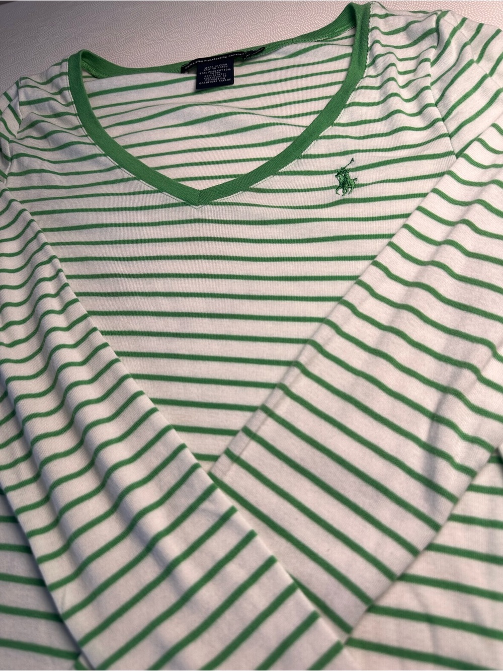 Ralph Lauren Sport Green White Striped V Neck Shirt Women’s M Lyocell - Picture 8 of 11